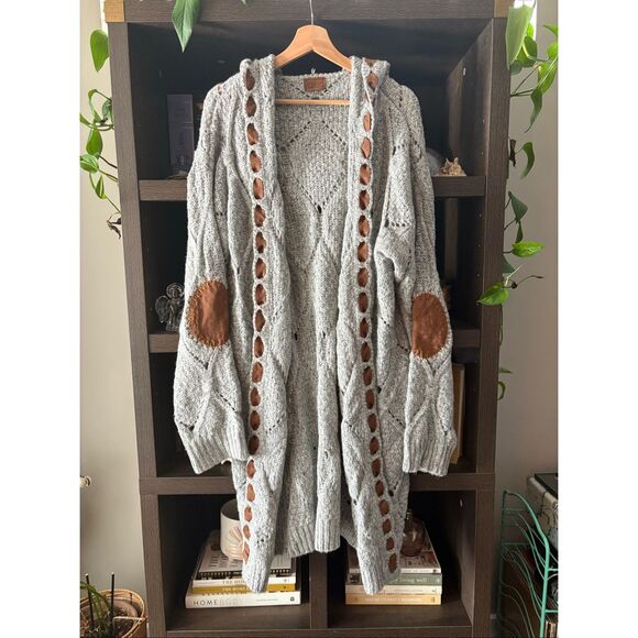 POL Gray Cable Knit Patchwork Oversized Hooded Cardigan Sweater Size Medium - Picture 4 of 9